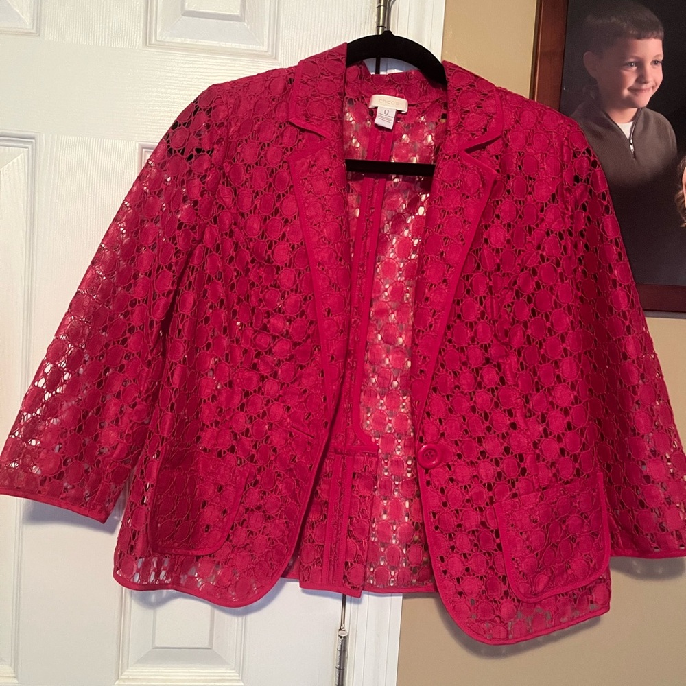 Chico's pINK Blazer with Lace Design and Three-Quarter Sleeves CHICOS SI…